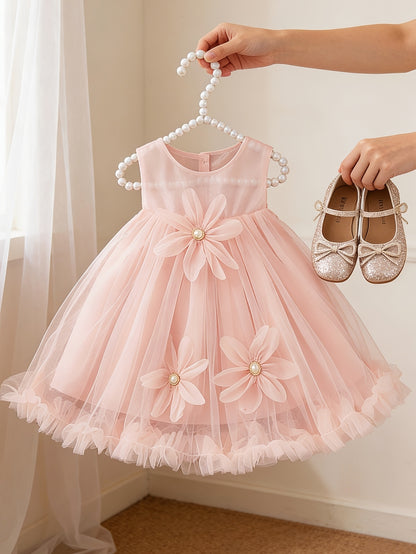 Nouvelle robe élégante pour bébés filles, avec une jupe bouffante parfaite pour la saison des mariages, un nœud papillon à l'arrière et des décorations florales à l'avant, idéale pour les fêtes et les réunions