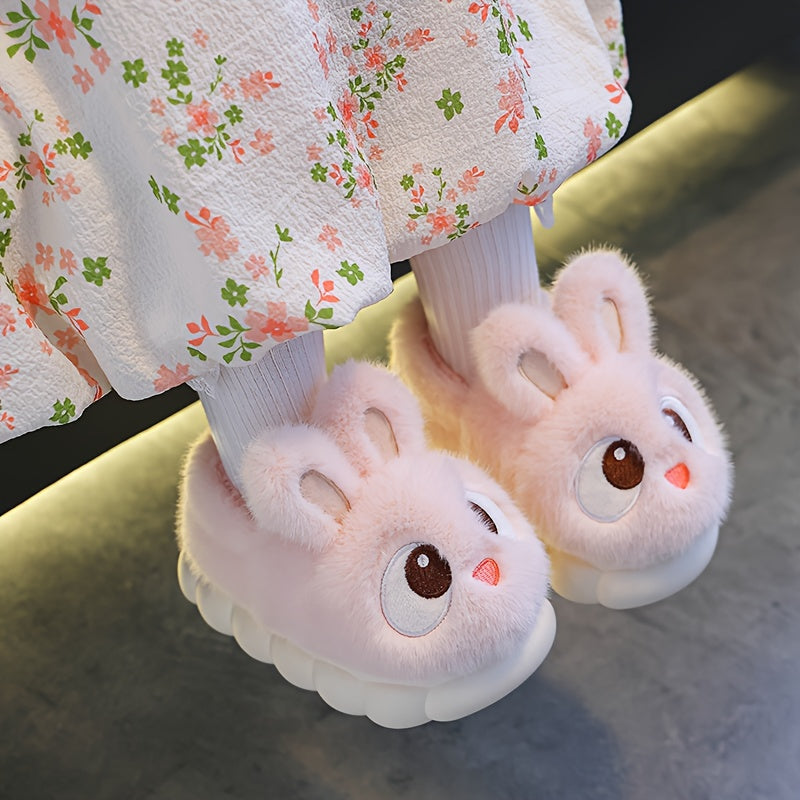 1 Paire de Pantoufles de Lapin en Peluche pour Jeunes - Tissu Souple avec Semelle en PVC Antidérapante, Chaussures d'Intérieur Légères pour Garçons et Filles, Design de Lapin de Dessin Animé Mignon, Chaussures d'Hiver Chaudes pour Tout-Petits et Enfants,