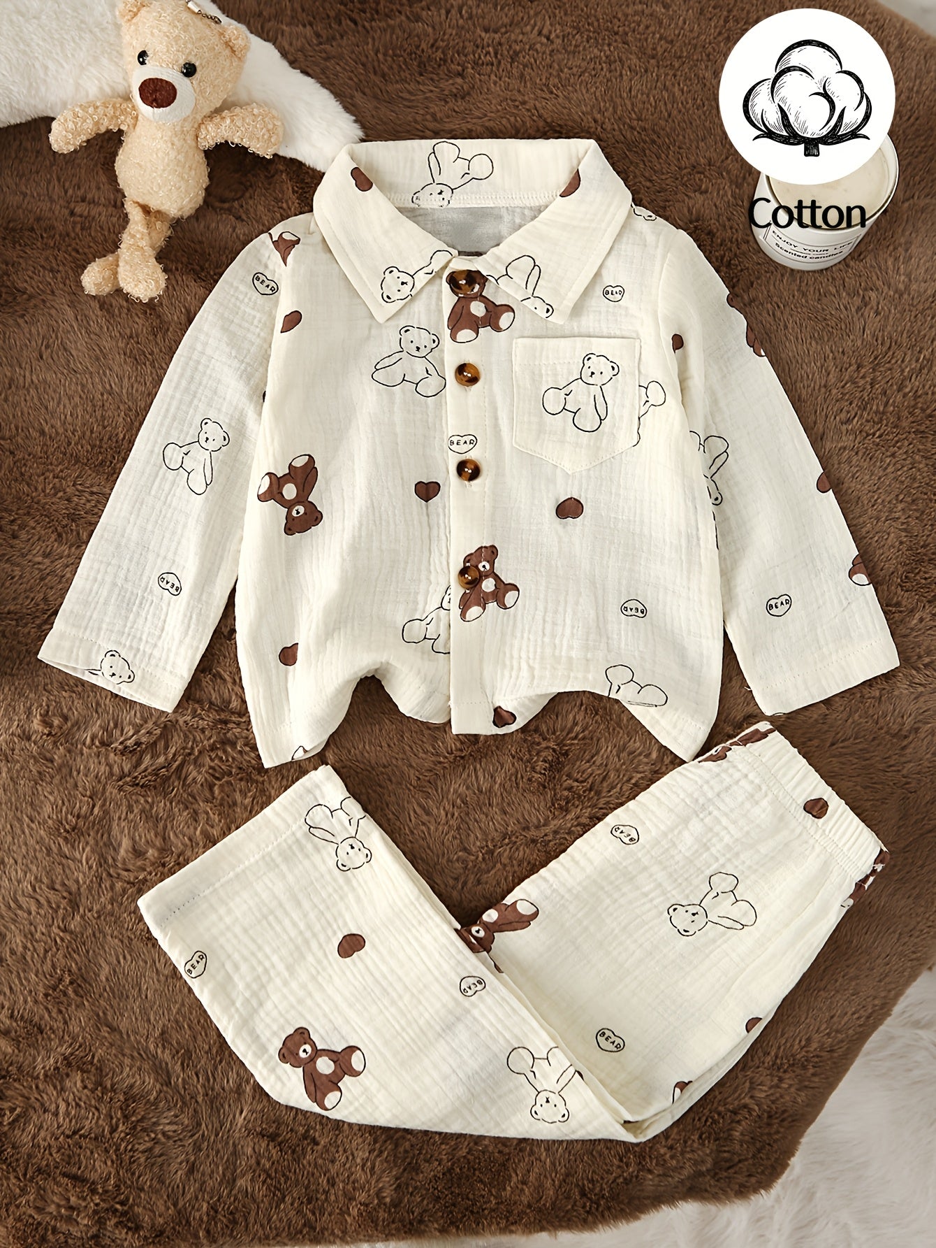 Ensemble 2 pièces pour bébé en crêpe double épaisseur, comprenant un haut à manches longues avec col et imprimé mignon de dessin animé/fruits, et un pantalon long, doux pour la peau et respirant, idéal pour l'extérieur