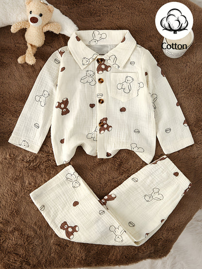 Ensemble 2 pièces pour bébé en crêpe double épaisseur, comprenant un haut à manches longues avec col et imprimé mignon de dessin animé/fruits, et un pantalon long, doux pour la peau et respirant, idéal pour l'extérieur