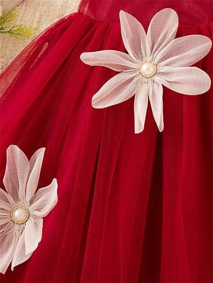 Nouvelle robe élégante pour bébés filles, avec une jupe bouffante parfaite pour la saison des mariages, un nœud papillon à l'arrière et des décorations florales à l'avant, idéale pour les fêtes et les réunions