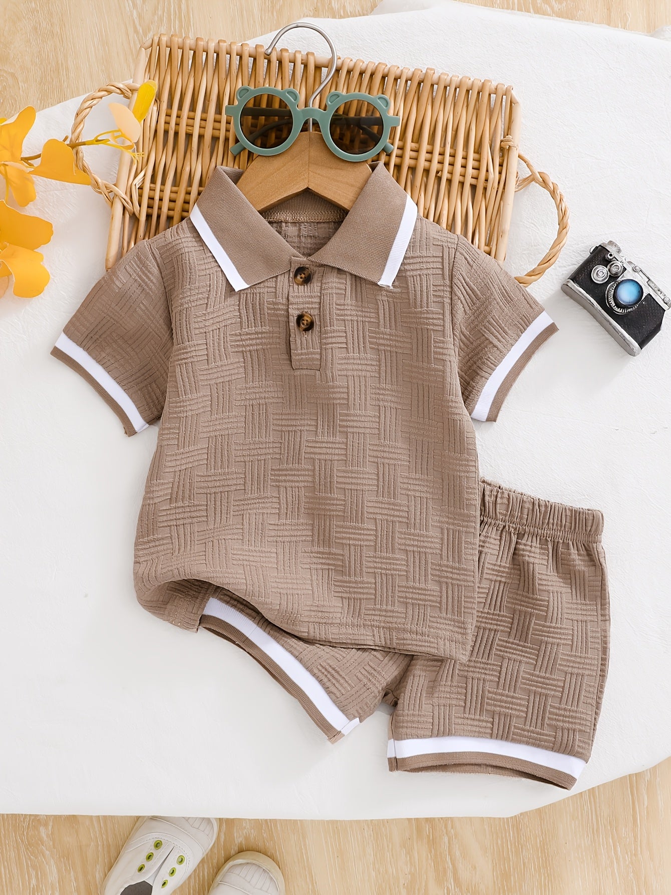 Ensemble d'été pour garçons, 2 pièces, polo et short, tissu jacquard idéal pour l'extérieur