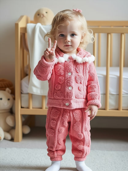 Ensemble deux pièces pour bébé fille automne/hiver, comprenant un haut à col perlé et un pantalon rose doux et mignon en maille à l'aiguille, tissage délicat, mignon et confortable pour une bébé adorable, conception épaissie pour une super chaleur, idéal