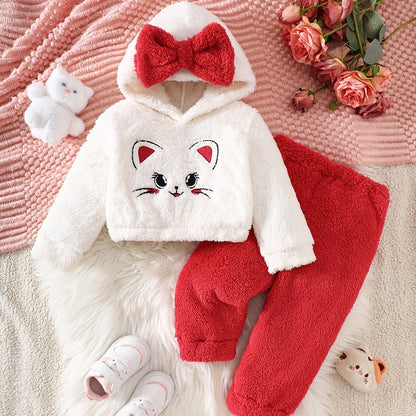 Ensemble 2 pièces tendance automne-hiver pour bébé fille : haut en peluche à capuche brodé avec motif chat et nœud 3D, et pantalon long contrasté, idéal pour les activités de plein air, le quotidien, cadeau parfait pour les nouveau-nées.