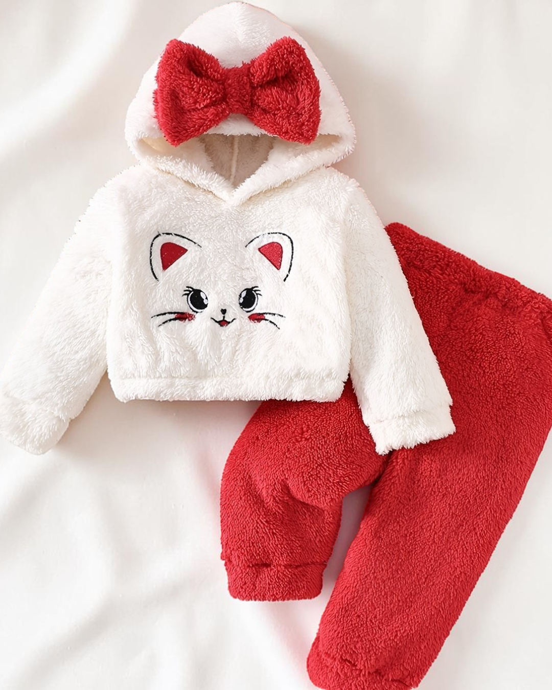 Ensemble pyjama Le Cocon d'Or en polyester blanc et rouge avec motif chat, capuche à nœud et texture douce