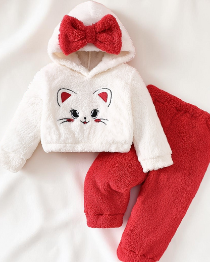 Ensemble pyjama Le Cocon d'Or en polyester blanc et rouge avec motif chat, capuche à nœud et texture douce
