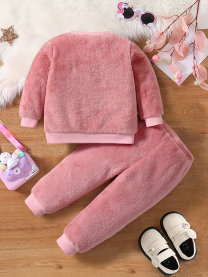 Ensemble 2 pièces Tendance Décontracté Hiver Motif Lapin en Peluche, Tenue d'Hiver Confortable et Chaude pour Filles avec Manchons Côtelés Doux et Col Rond en Polaire, Pantalon d'Hiver Côtelé avec Taille Élastique et Motif Lapin, Vêtements d'Hiver Décontr
