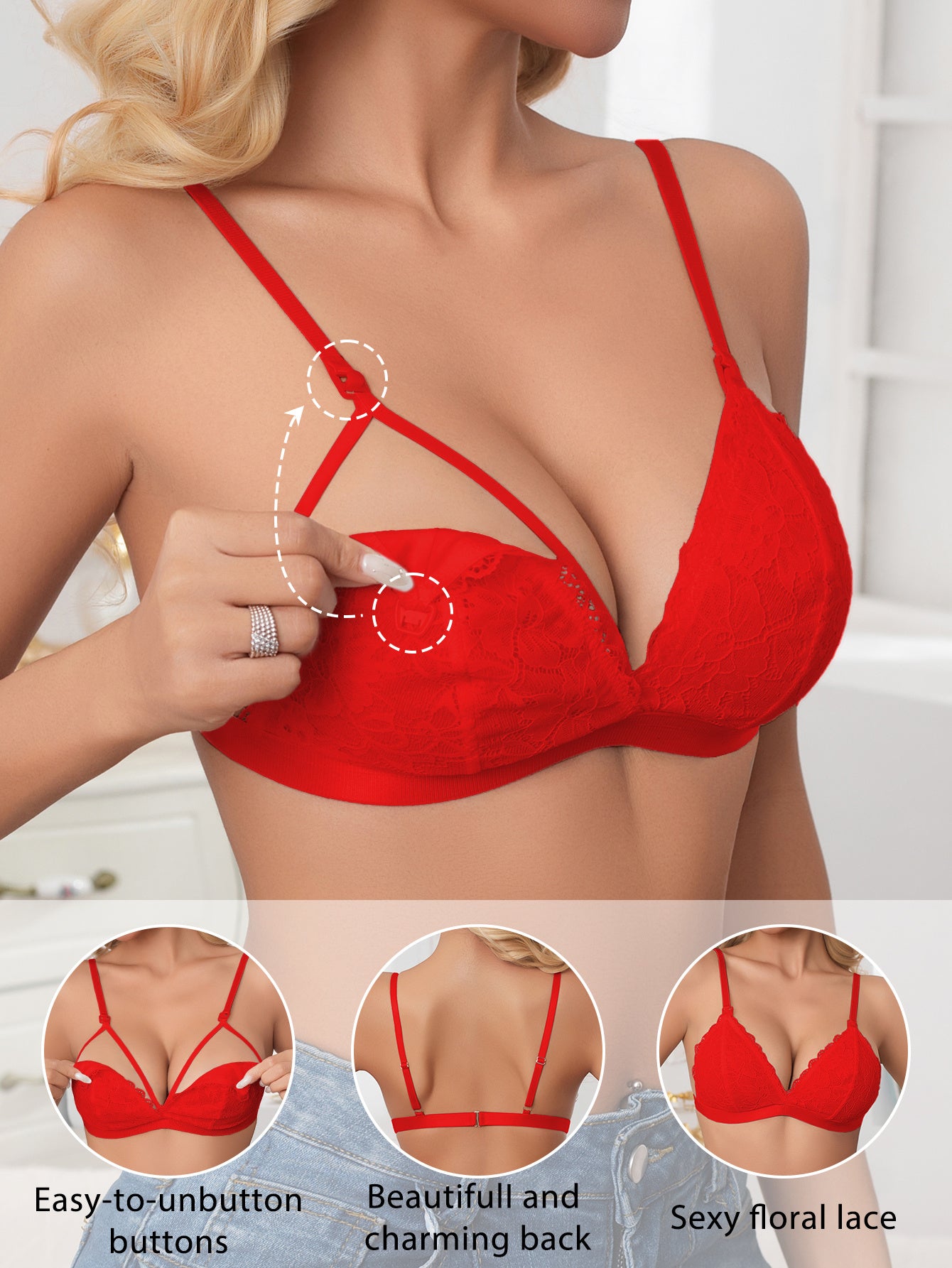 Soutien-gorge d'allaitement maternité pour femmes avec fermeture détachable en dentelle, push-up à bordure festonnée, décolleté en V profond, soutien moyen, confortable, doux et respirant, lingerie et sous-vêtements pour femmes