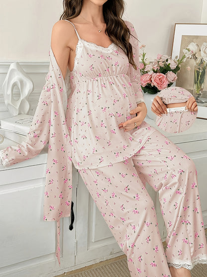Ensemble Pyjama Maternité 3 Pièces avec Débardeur Dentelle Contrastée, Pantalon et Peignoir pour Femmes Enceintes