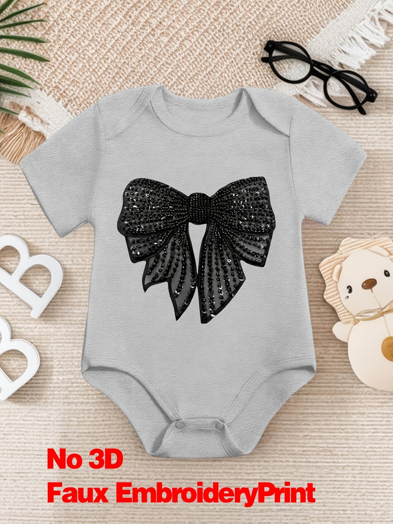1 pièce Grenouillère bébé "Nœud à paillettes glamour", Barboteuse en coton, Combinaison bébé douillette, Coton respirant, Fermeture à boutons-pression, Vêtement essentiel pour nouveaux parents, Idéal comme cadeau d'anniversaire en plein air, Parfait pour