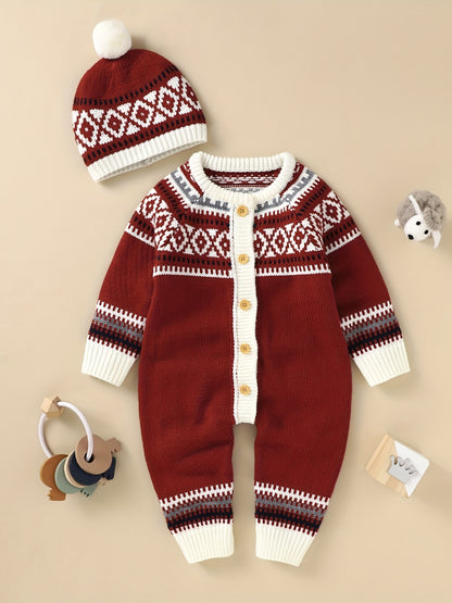Combinaison-pantalon à manches longues et boutons à motif géométrique pour nouveau-né, adaptée aux bébés garçons et filles, pour une utilisation en intérieur et en extérieur.