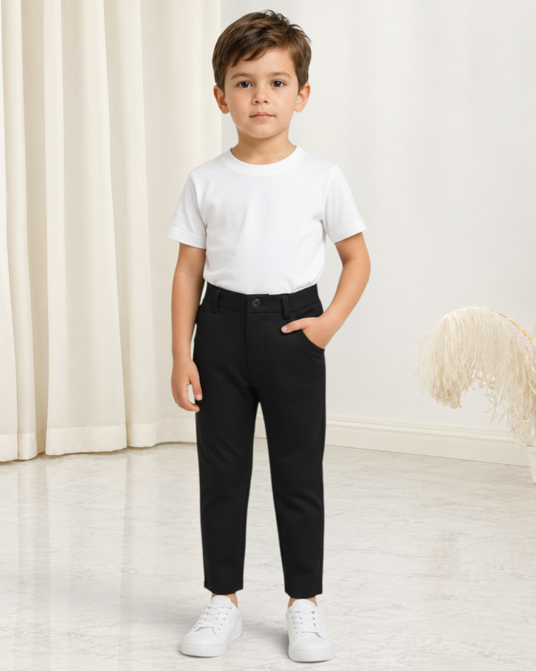 Jeune garçon portant un pantalon de costume noir Le Cocon d'Or avec un t-shirt blanc et des baskets