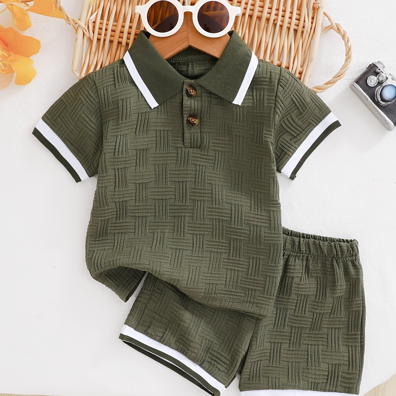 Ensemble d'été pour garçons, 2 pièces, polo et short, tissu jacquard idéal pour l'extérieur