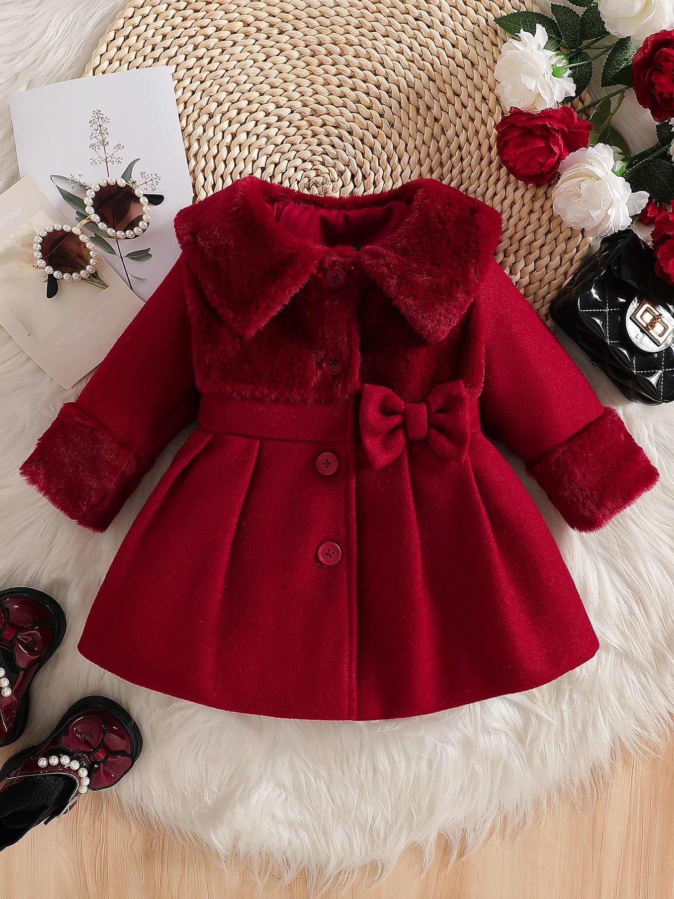 Tenue de la Saint-Valentin pour Fille, Cardigan à Revers en Peluche Irrégulière pour Fille Automne/Hiver avec Patchwork en Fausse Fourrure, Nœud en Mélange, Veste Cardigan à Boutons. Convient pour les Sorties, les Cadeaux, les Vêtements de la Rentrée Scol