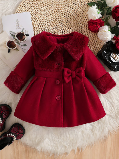 Tenue de la Saint-Valentin pour Fille, Cardigan à Revers en Peluche Irrégulière pour Fille Automne/Hiver avec Patchwork en Fausse Fourrure, Nœud en Mélange, Veste Cardigan à Boutons. Convient pour les Sorties, les Cadeaux, les Vêtements de la Rentrée Scol