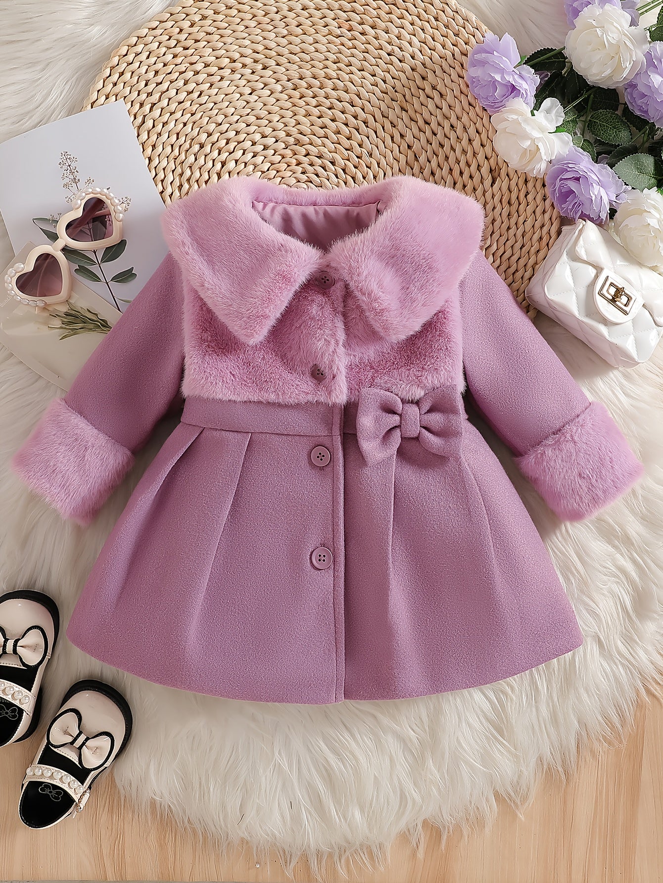 Tenue de la Saint-Valentin pour Fille, Cardigan à Revers en Peluche Irrégulière pour Fille Automne/Hiver avec Patchwork en Fausse Fourrure, Nœud en Mélange, Veste Cardigan à Boutons. Convient pour les Sorties, les Cadeaux, les Vêtements de la Rentrée Scol