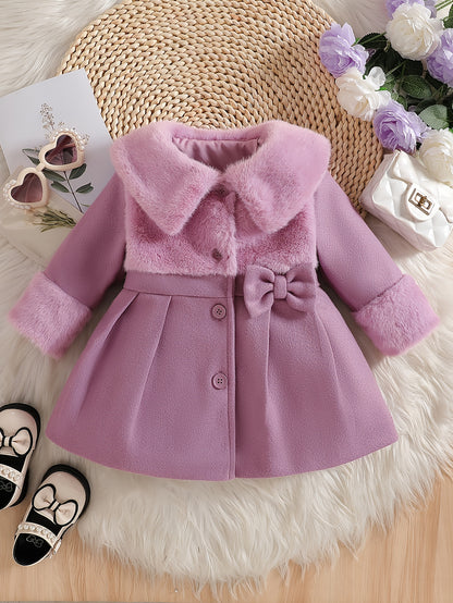 Tenue de la Saint-Valentin pour Fille, Cardigan à Revers en Peluche Irrégulière pour Fille Automne/Hiver avec Patchwork en Fausse Fourrure, Nœud en Mélange, Veste Cardigan à Boutons. Convient pour les Sorties, les Cadeaux, les Vêtements de la Rentrée Scol