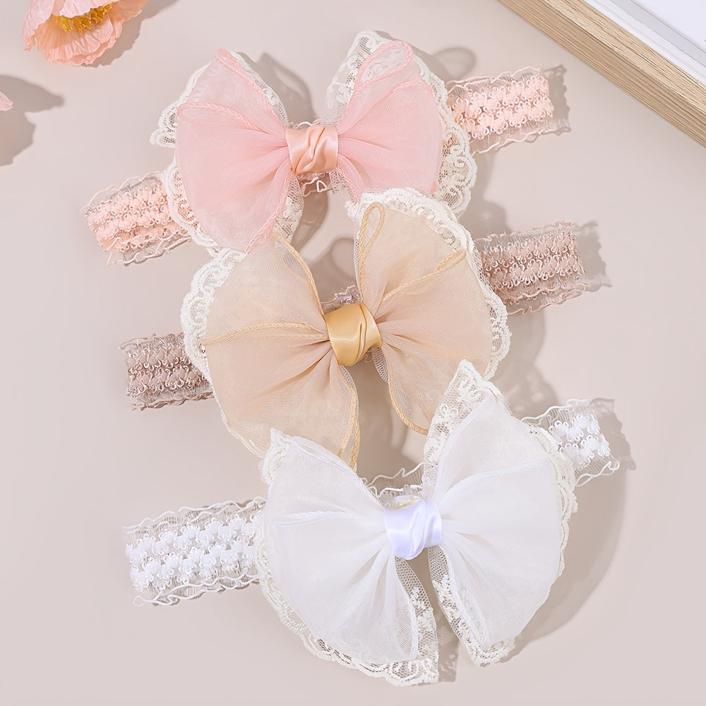Ensemble de 3 bandeaux à nœud en dentelle douce, bandeaux à cheveux en maille avec bordure en dentelle, bandeau doux en tissu, bande élastique en rose nude et blanc pour fêtes d'anniversaire, sorties décontractées