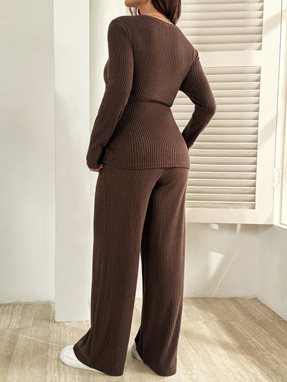 Ensemble 2 pièces de maternité pour l'allaitement, tenue de grossesse style printemps/automne, combinaison marron et pantalon long – Doux, confortable et décontracté