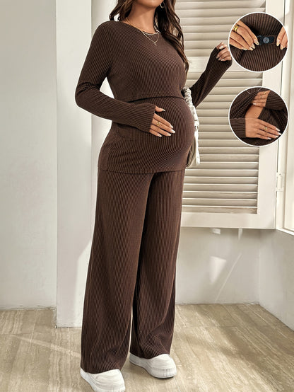 Ensemble 2 pièces de maternité pour l'allaitement, tenue de grossesse style printemps/automne, combinaison marron et pantalon long – Doux, confortable et décontracté