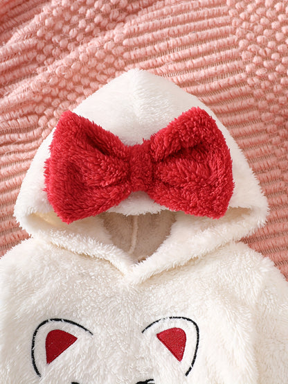 Ensemble 2 pièces tendance automne-hiver pour bébé fille : haut en peluche à capuche brodé avec motif chat et nœud 3D, et pantalon long contrasté, idéal pour les activités de plein air, le quotidien, cadeau parfait pour les nouveau-nées.