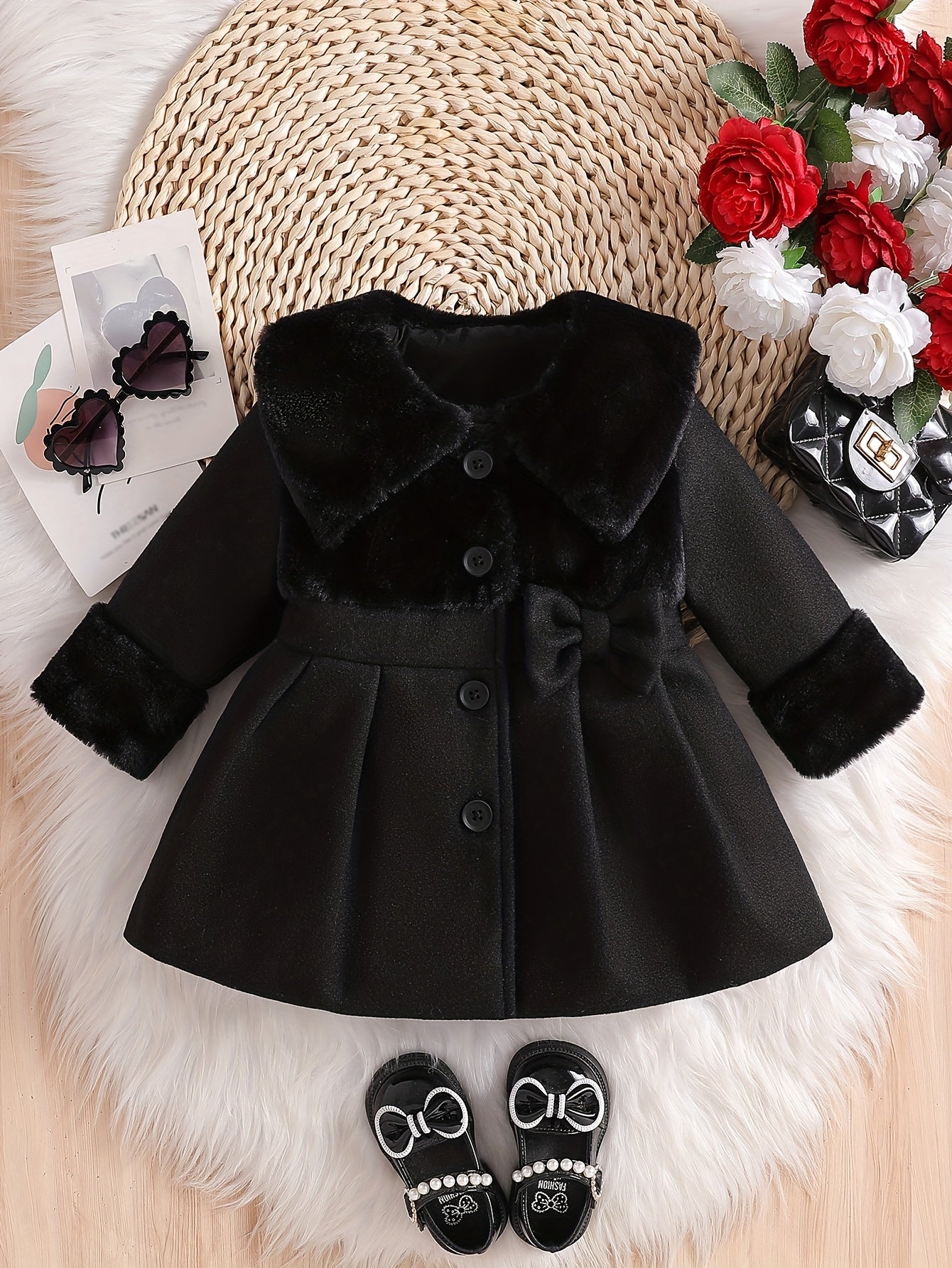 Tenue de la Saint-Valentin pour Fille, Cardigan à Revers en Peluche Irrégulière pour Fille Automne/Hiver avec Patchwork en Fausse Fourrure, Nœud en Mélange, Veste Cardigan à Boutons. Convient pour les Sorties, les Cadeaux, les Vêtements de la Rentrée Scol
