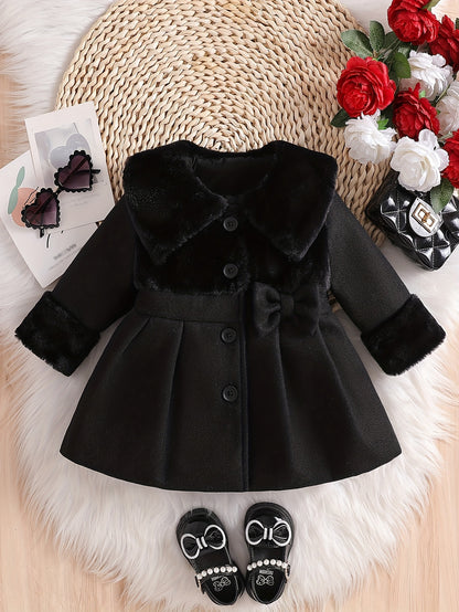 Tenue de la Saint-Valentin pour Fille, Cardigan à Revers en Peluche Irrégulière pour Fille Automne/Hiver avec Patchwork en Fausse Fourrure, Nœud en Mélange, Veste Cardigan à Boutons. Convient pour les Sorties, les Cadeaux, les Vêtements de la Rentrée Scol