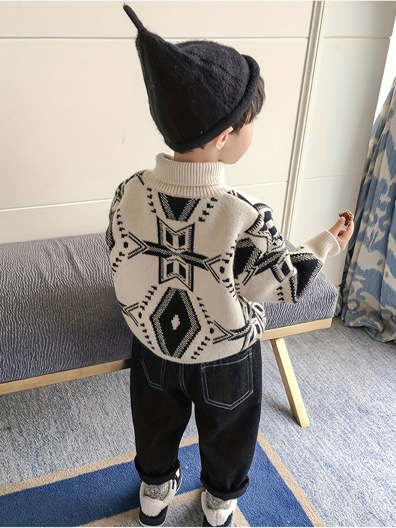 Pull à col montant pour garçons, style rétro décontracté, motif géométrique, épais, d'automne et d'hiver, vêtement d'extérieur