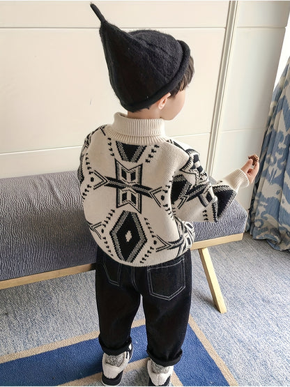 Pull à col montant pour garçons, style rétro décontracté, motif géométrique, épais, d'automne et d'hiver, vêtement d'extérieur