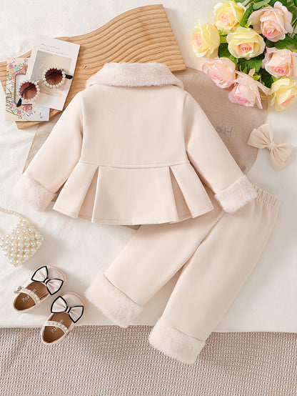 Ensemble pantalon pour fille style mignon automne/hiver, haut à revers en peluche avec patte de boutonnage, nœuds double face, mignon et chaud, pour sorties quotidiennes, séances photo, voyages, rentrée scolaire, cadeaux d'anniversaire, Halloween, parfait