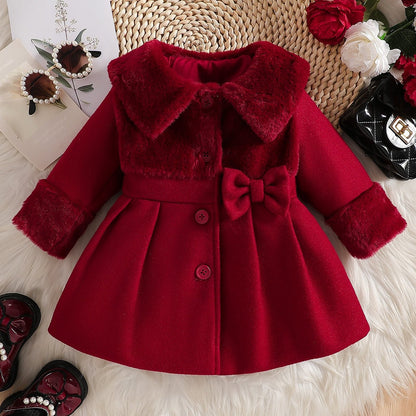 Tenue de la Saint-Valentin pour Fille, Cardigan à Revers en Peluche Irrégulière pour Fille Automne/Hiver avec Patchwork en Fausse Fourrure, Nœud en Mélange, Veste Cardigan à Boutons. Convient pour les Sorties, les Cadeaux, les Vêtements de la Rentrée Scol