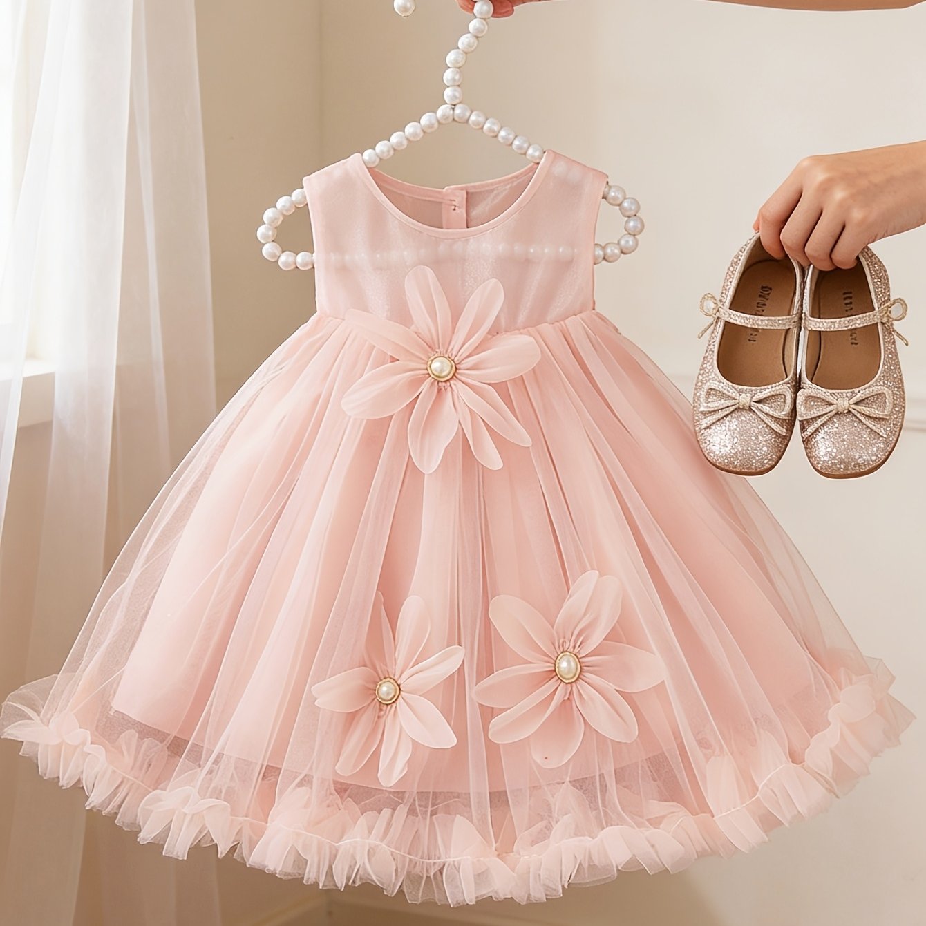 Nouvelle robe élégante pour bébés filles, avec une jupe bouffante parfaite pour la saison des mariages, un nœud papillon à l'arrière et des décorations florales à l'avant, idéale pour les fêtes et les réunions