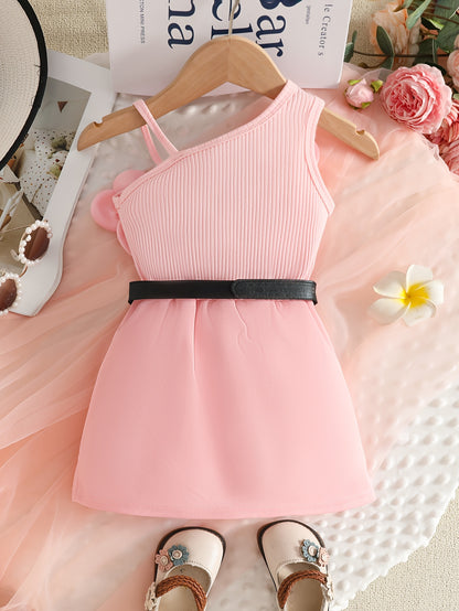 Vêtement pour Fille, Taille 6-24 Mois (4 Ans), Haut Côtelé à Une Épaule et Bretelles Spaghetti avec Grande Fleur 3D sur la Bretelle + Décoration Centrale en Perle, Jupe Courte Ligne A avec Poches et Ourlet à Bordure de Perles, Décoration de Faux Boutons s