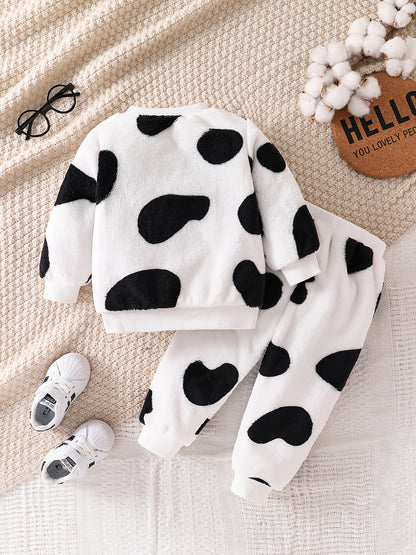 Ensemble Adorable à Imprimé Vache ! Haut Manches Longues à Pois + Pantalon Imprimé Vache, Tenue Décontractée Deux Pièces pour Bébé, Idéal pour l'Extérieur