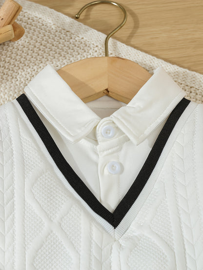 1pc de Polo en Tricot Longue Manches à Revers Simple Boutonnage Style Britannique Faux Deux Pièces Jacquard pour Bébé Garçon, Pull en Tricot Blanc pour Nouveau-né, Chemise Décontractée Douce et Confortable, Adaptée aux Activités de Plein Air, au Port Quot