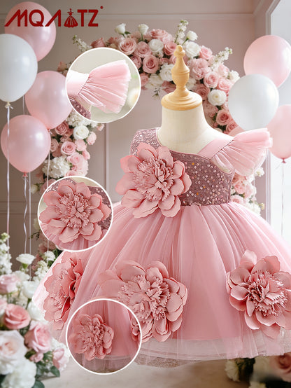 Robe de princesse étincelante pour bébés filles, avec des manches à volants et des décorations florales tridimensionnelles élégantes, parfaite pour les fêtes d'anniversaire et les réunions