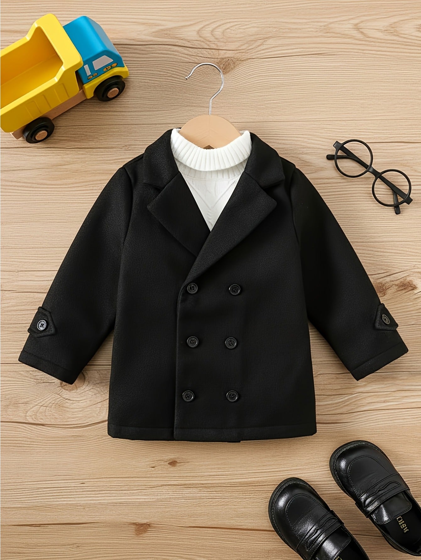 Manteau d'automne/hiver élégant en tweed à double boutonnage et revers en dents-de-cheval à coupe ample pour garçon, vêtement d'extérieur chaud et polyvalent pour le premier anniversaire de bébé