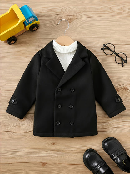 Manteau d'automne/hiver élégant en tweed à double boutonnage et revers en dents-de-cheval à coupe ample pour garçon, vêtement d'extérieur chaud et polyvalent pour le premier anniversaire de bébé