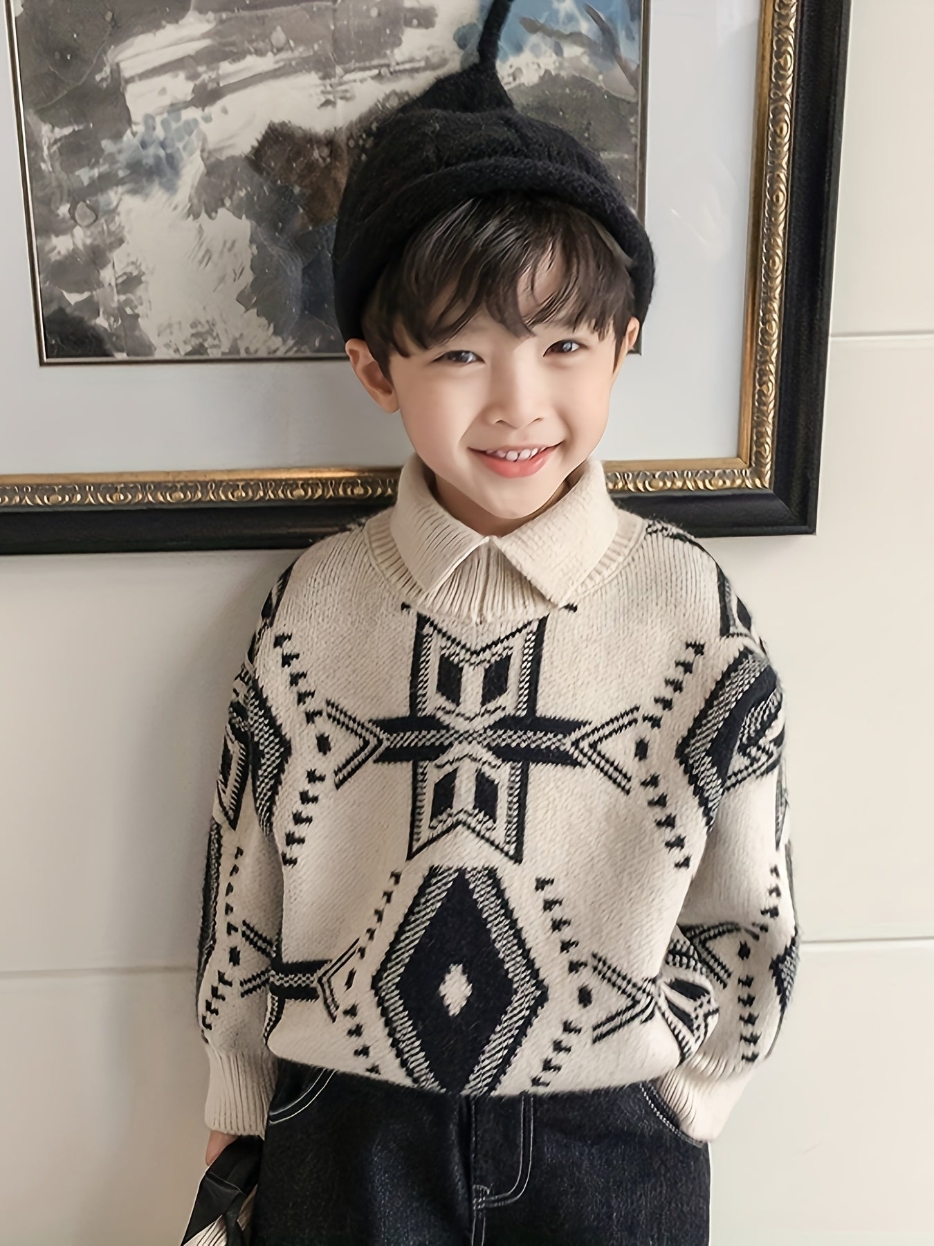 Pull à col montant pour garçons, style rétro décontracté, motif géométrique, épais, d'automne et d'hiver, vêtement d'extérieur