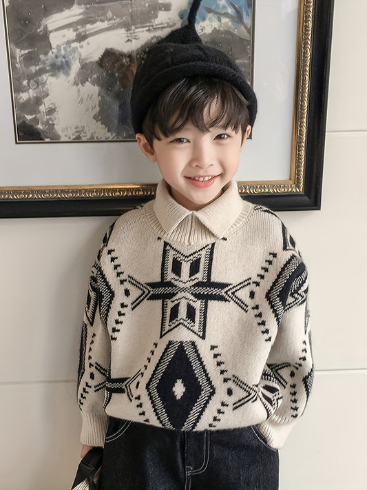 Pull à col montant pour garçons, style rétro décontracté, motif géométrique, épais, d'automne et d'hiver, vêtement d'extérieur