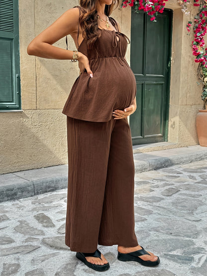 Ensemble 2 pièces : Débardeur et pantalon de maternité unis à bretelles spaghetti et noués dans le dos, décontractés, en tissu confortable, adaptés pour la maison, les trajets, les sorties, les réunions et les activités de plein air
