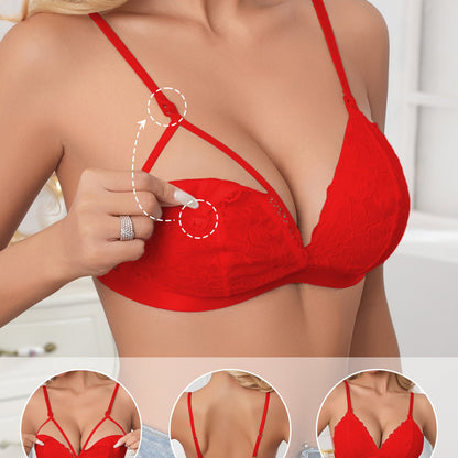 Soutien-gorge d'allaitement maternité pour femmes avec fermeture détachable en dentelle, push-up à bordure festonnée, décolleté en V profond, soutien moyen, confortable, doux et respirant, lingerie et sous-vêtements pour femmes