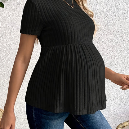Robe de maternité couleur unie col rond manches courtes tricot côtelé à volants, nouveaux produits tendance printemps et été, pull élégant et confortable lavable en machine, robe d'allaitement à manches courtes