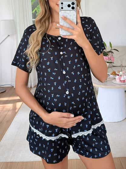Ensemble 2 pièces pour femmes enceintes : Haut à manches courtes à boutons sur le devant avec imprimé floral et ourlet en dentelle, et short, idéal pour l'intérieur