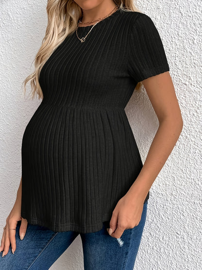 Robe de maternité couleur unie col rond manches courtes tricot côtelé à volants, nouveaux produits tendance printemps et été, pull élégant et confortable lavable en machine, robe d'allaitement à manches courtes