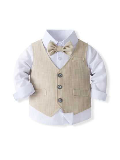 Tenue de Gentleman pour Fête d'Anniversaire Bébé. Vêtements pour Enfants. Costume de Banquet de Mariage Tendance pour Enfants. Chemise et Gilet et Pantalon et Nœud Papillon Ensemble Tendance pour Garçons. Costume de Photographie Formelle pour Bébés. Vêtem
