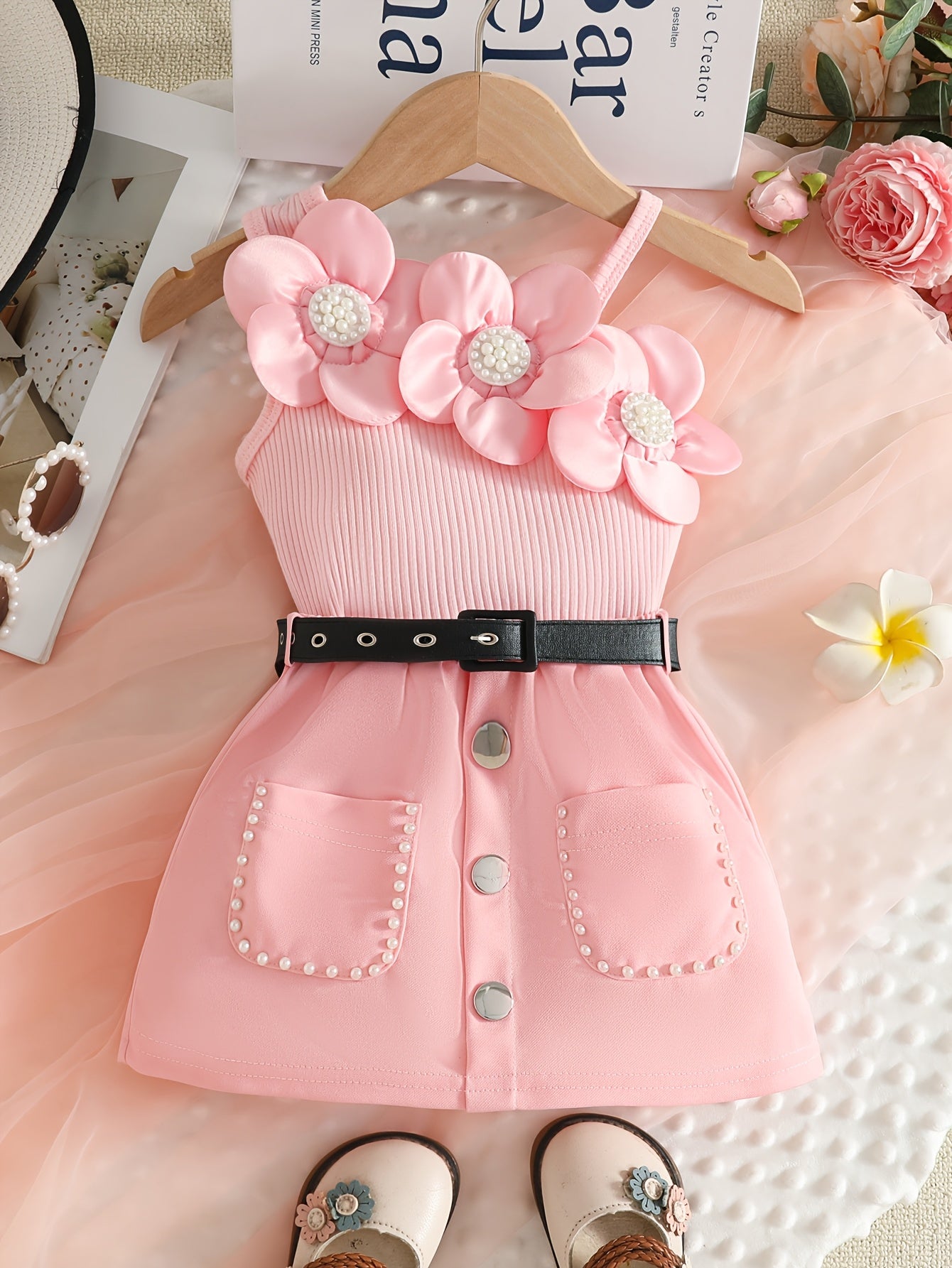 Vêtement pour Fille, Taille 6-24 Mois (4 Ans), Haut Côtelé à Une Épaule et Bretelles Spaghetti avec Grande Fleur 3D sur la Bretelle + Décoration Centrale en Perle, Jupe Courte Ligne A avec Poches et Ourlet à Bordure de Perles, Décoration de Faux Boutons s
