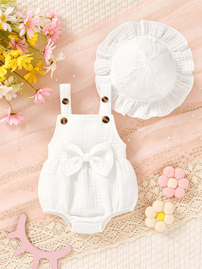 2pcs, Vêtements mignons pour bébés filles, Décontracté, élégant, doux et confortable, Ensemble combinaison et chapeau de couleur unie décoré de nœud, Articles pour bébés, Vêtements pour bébés filles nouveau-nées, Convient pour l'été pour un usage quotidie
