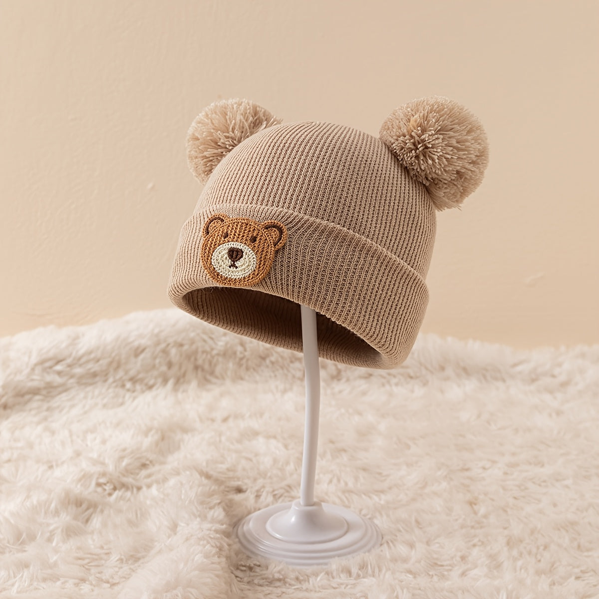 Bonnet d'automne et d'hiver en tricot pour l'extérieur, petit ours à tête ronde et grande tête à double ligne