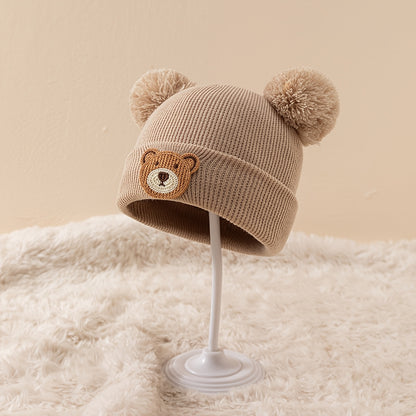 Bonnet d'automne et d'hiver en tricot pour l'extérieur, petit ours à tête ronde et grande tête à double ligne